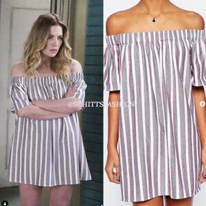 ASO Alexis Rose Schitts Creek Vertical Striped Off the Shoulder Zara Dress